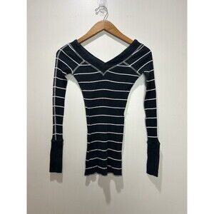 Vtg Free People V Neck Slim Striped Long Sleeve Y2K Shirt Size S